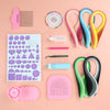 DIY quilling paper craft kit with gradient papers, tools, and template for beginners and kids on a pastel background.