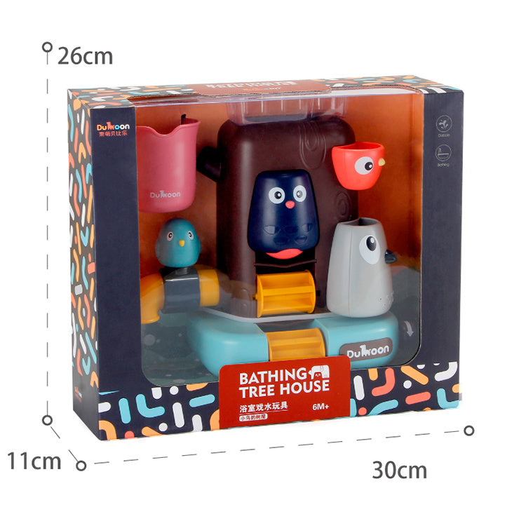 Bathing Tree House toy set in colorful packaging with dimensions displayed.