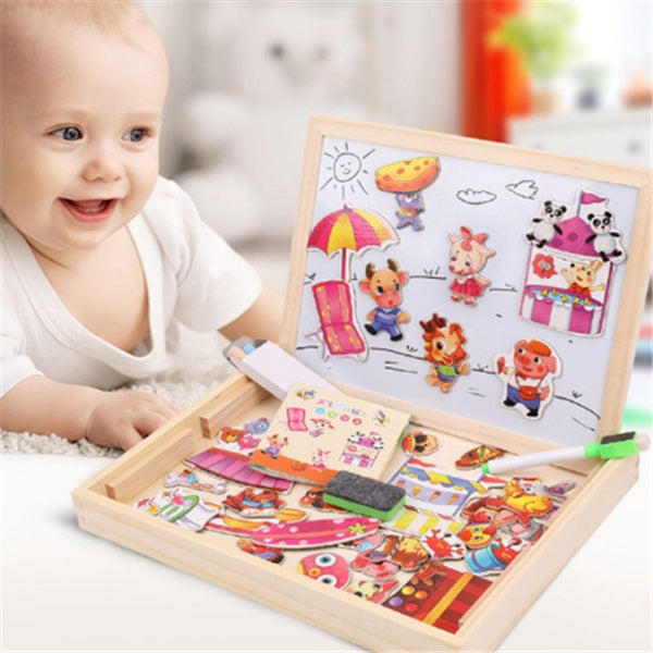 Child playing with Wooden Magnetic Puzzle Board, featuring colorful 3D magnetic pieces and drawing surface for creative learning.