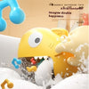 Yellow dinosaur bubble machine toy creating bubbles in a bathtub with blue and yellow music notes.