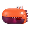 Cute dinosaur-shaped baby bath bubble machine with music features, in bright orange and purple colors.