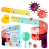 Kids bath toys suction cup marble run track set with colorful pieces, rubber duck, and packaging, ideal for engaging water play.