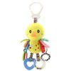 Soft stroller hanging toy with yellow bird plush and colorful rings for baby sensory play and engagement.