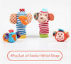 Soft baby rattle wrist and foot socks toy set with colorful plush animal designs for newborns and infants.