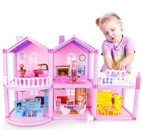 Child playing with DIY Dollhouse Villa featuring colorful rooms, furniture, and accessories, promoting creative play and assembly.