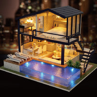 DIY wooden dollhouse kit with furniture, LED lights, and a private pool apartment design for creative assembly fun.