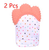 Baby teething glove with silicone molar mitten, polka dot design, two pieces, soothing gums for babies aged 3–12 months.