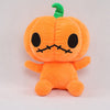 Plush pumpkin doll in orange with a cute stitched face and green stem, ideal for Halloween decorations and festive fun.