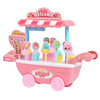 Pink and blue toy ice cream cart with colorful pretend play treats and cash register, from educational DIY role-playing kit for kids.