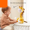 Child playing with interactive plush giraffe doll featuring recording and speaking functions for educational play.