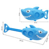 Blue shark-shaped water gun toy with dimensions, perfect for children's outdoor play and bath fun.