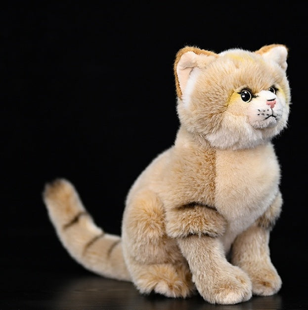 Plush dune cat toy with soft KK fabric, featuring a cute squat shape and lifelike design against a black background.