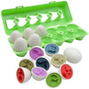 Shape matching egg toy set for toddlers in open green carton, featuring colorful puzzles for Montessori learning and development.