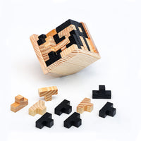 Wooden Kongming Lock Puzzle pieces disassembled, showcasing the brain teaser Luban lock for educational fun and mental challenge.