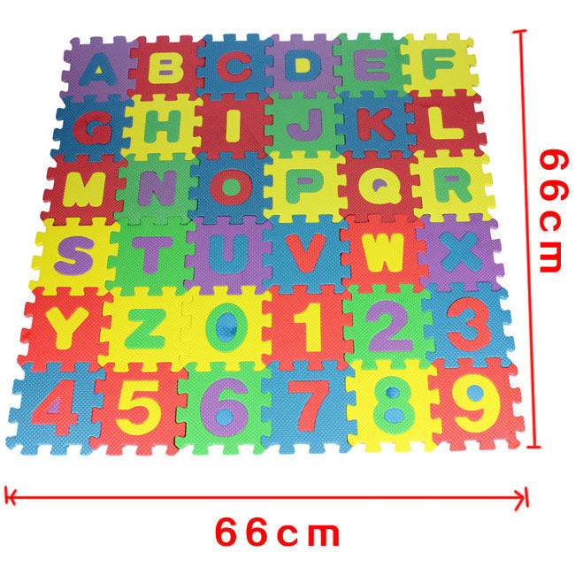 Colorful foam alphabet and number puzzle mat, 36 pieces, measuring 66cm x 66cm, for children's educational play and motor skills.