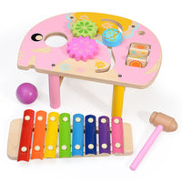 Wooden musical piano toy with colorful xylophone keys and a wooden hammer, designed for kids' educational fun and creativity.