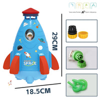 Kids Space Rocket Sprinkler with spinning water spray, dimensions 29cm x 18.5cm, featuring fun space-themed design and accessories.