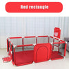 Red portable baby playpen with breathable mesh, shown indoors, featuring spacious design and durable build for safe playtime.