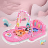 Pink baby play gym with piano, hanging toys, and animal designs for infants promoting sensory development and motor skills.