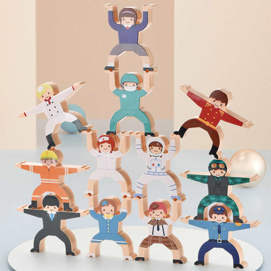 Colorful wooden stacking toy figures in various professions, promoting balance and creativity for kids.