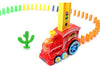 Electric domino train toy laying colorful dominoes in a curve with a green cactus obstacle.