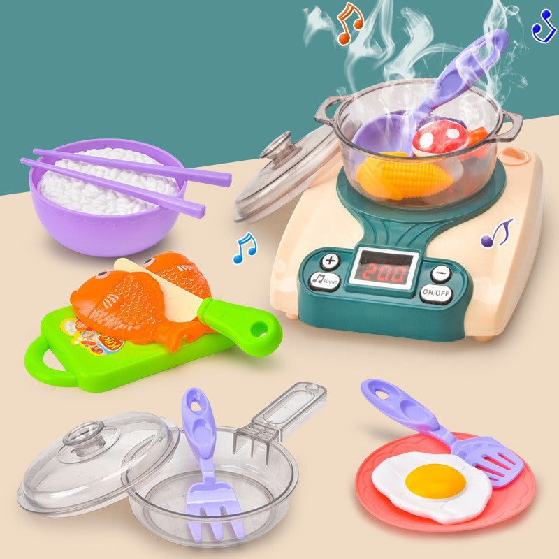 Kids interactive play kitchen set with toy stove, utensils, and food; perfect for early development and imaginative cooking play.