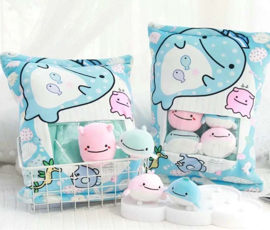 Snack Bag Plush Pillow with 8 Mini Plush Snacks in blue and pink, featuring cute animal designs, perfect for cuddling and decor.