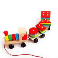 Colorful wooden train toy with puzzle blocks, enhancing creativity and motor skills for toddlers and preschoolers.