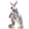 Kangaroo plush toy with baby joey in pouch and flag bandana, made from soft fabric, perfect for kids and collectors.