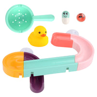 Kids bath toys set with colorful suction cup marble run, rubber duck, and water scoop for fun bathtub play.