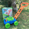 Electric Bubble Machine Push Toy for Kids, Lawn Mower Design, Outdoor Fun Bubble Blower with Box on Grass