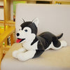 Husky plush toy on a beige chair, featuring a lifelike design and soft material for cuddling.