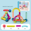 Colorful magnetic building blocks set for kids, featuring various shapes and a packaging box, ideal for creative educational play.