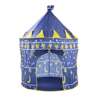 Blue foldable castle-themed kids outdoor play tent with stars and moons for indoor and outdoor imaginative play.