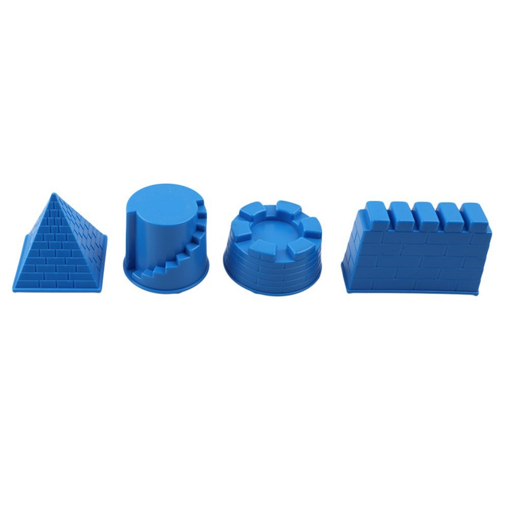 Blue castle moulds for sandcastles, including pyramid, tower, turret, and brick wall shapes from the Castle Mould Beach Toy Set.