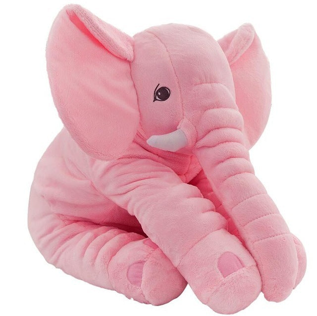 Soft pink plush elephant pillow for babies and toddlers, perfect for cuddling and nursery decoration.