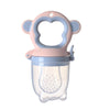 Pink and blue monkey-shaped silicone baby teether feeder for soothing teething discomfort and promoting grip strength.