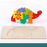 Colorful wooden dinosaur puzzle pieces on a Montessori educational toy board for kids.