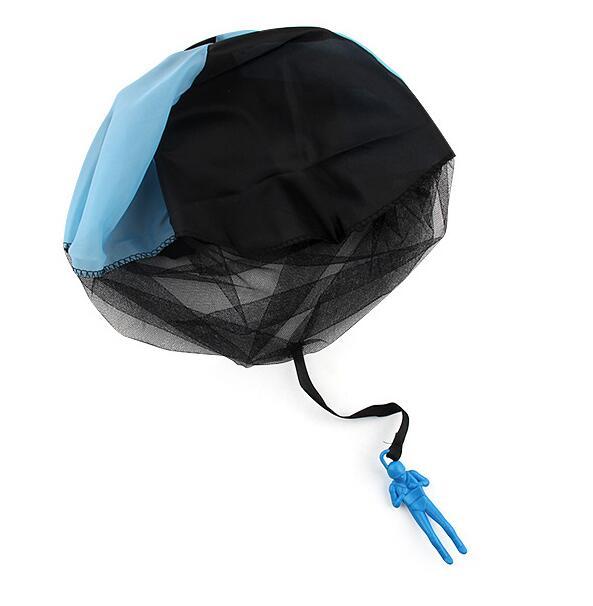 Mini soldier parachute toy in black and blue colors, showcasing hand throwing design for kids' outdoor play.