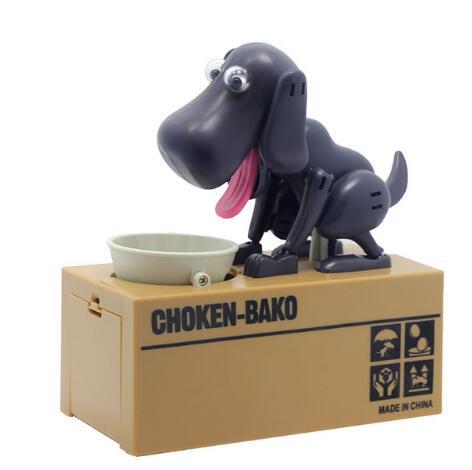 Interactive black robotic dog piggy bank for kids and dog lovers, featuring a coin-eating design on a box labeled "Choken-Bako".