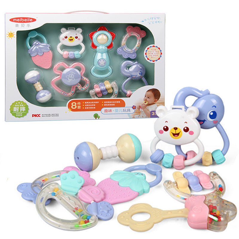 Baby early education teether toy set for sensory development and teething relief, including colorful and engaging rattles and teethers.