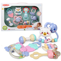 Baby early education teether toy set for sensory development and teething relief, including colorful and engaging rattles and teethers.