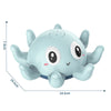 Light blue octopus-shaped water spray bath toy with flashing lights, made of safe ABS plastic, dimensions 14.5cm by 7.4cm.