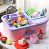 Interactive kids dishwasher toy playset with colorful dishes and utensils, featuring manual and electric washing options.