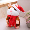 Talking hamster plush toy in a red Santa hat and scarf, mimicking pet and voice repeat function, ideal for holiday gifts.