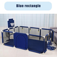 Portable blue baby playpen with breathable mesh and safety features, suitable for indoor and outdoor use, shown in living room setting.