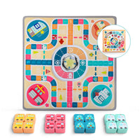 Colorful wooden flying chess board game with dice, designed for interactive parent-child play and educational fun.