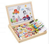 Wooden magnetic puzzle board with colorful 3D pieces, drawing area, and markers for kids' educational play and creativity.