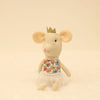 Little mouse plush doll with floral dress and gold crown, made from soft plush fabric, perfect for kids' cuddles and play.