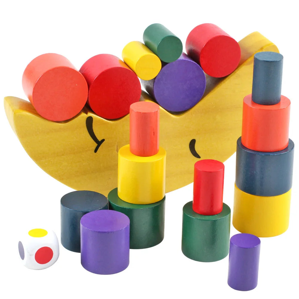 Wooden Moon Balancing Game with colorful blocks for kids' educational stacking, enhancing motor skills and hand-eye coordination.